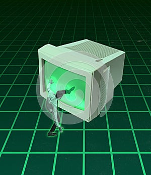 Creative artwork. Contemprary art collage of man getting in retro computer sreen isolated over green background in neon