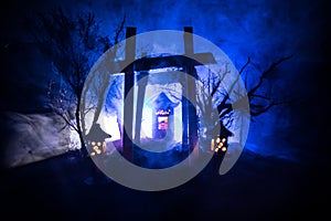 Creative artwork decoration. Abstract Japanese style wooden tunnel at night. Night scene in fantasy forest