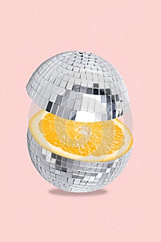 Creative artwork design collage poster fresh natural organic drink healthy beverage absurd disco ball lemon fruit