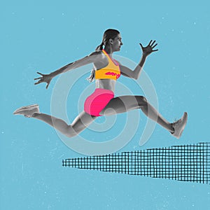 Creative artwork, design of young female athlet, runner isolated over blue background with drawn elements