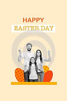 Creative artwork festive collage of happy family mommy daddy kid girl advertise easter festive event celebration