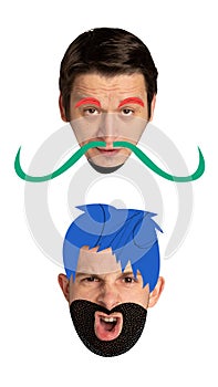 Creative artwork with funny male faces, heads with funny hats and haircuts drawn in cartoon caricature style. Men