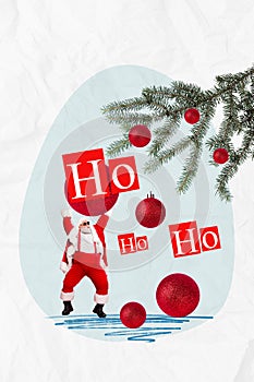Creative artwork graphics collage painting of funky excited santa claus hohoho decorating christmas tree isolated