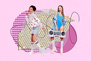 Creative artwork graphics collage painting of smiling funky ladies having fun boom box songs isolated pink color