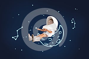 Creative artwork of little cute girl pretending to be astronaut isolated over dark blue background with white space