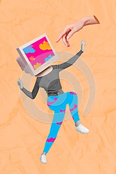 Creative artwork photo collage of young headless woman modern technologies user computer monitor drawing isolated on