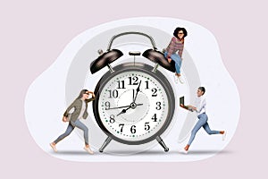 Creative artwork poster of employees need do fast project running using laptop with big alarm isolated color background