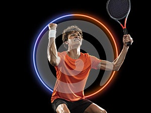 Creative artwork of prfessional male tennis player in motion over neon geometric element isolated on black background