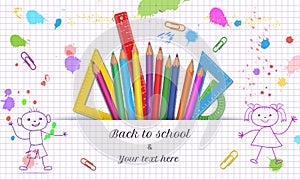 Creative Back to School banner template with hand drawn doodle boy and girl isolated on abstract white background with grid paper