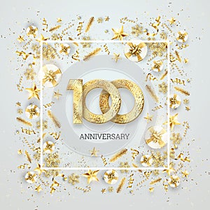 Creative background, 100th anniversary. Celebration of golden text and confetti on a light background with numbers, frame.