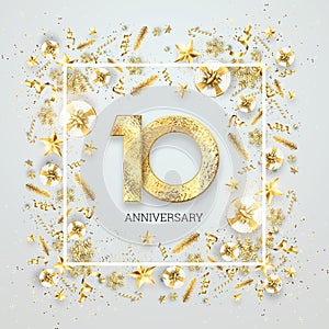 Creative background, 10th anniversary. Celebration of golden text and confetti on a light background with numbers, frame.