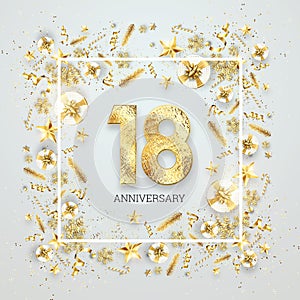 Creative background, 18th anniversary, adulthood. Celebration of golden text and confetti on a light background with numbers,