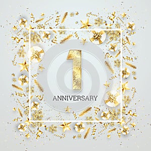 Creative background, 1th anniversary. Celebration of golden text and confetti on a light background with numbers, frame.