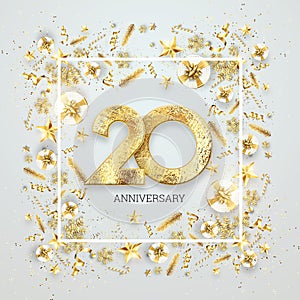 Creative background, 20th anniversary. Celebration of golden text and confetti on a light background with numbers, frame.