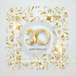 Creative background, 30th anniversary. Celebration of golden text and confetti on a light background with numbers, frame.