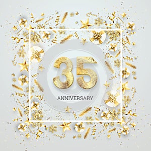Creative background, 35th anniversary. Celebration of golden text and confetti on a light background with numbers, frame.