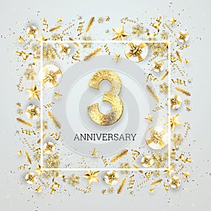 Creative background, 3th anniversary. Celebration of golden text and confetti on a light background with numbers, frame.