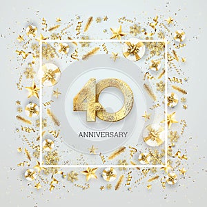 Creative background, 40th anniversary. Celebration of golden text and confetti on a light background with numbers, frame.