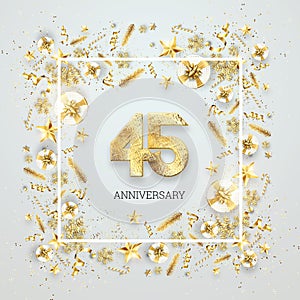 Creative background, 45th anniversary. Celebration of golden text and confetti on a light background with numbers, frame.