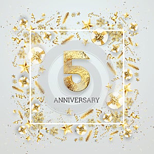 Creative background, 5th anniversary. Celebration of golden text and confetti on a light background with numbers, frame.