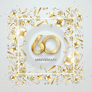Creative background, 60th anniversary. Celebration of golden text and confetti on a light background with numbers, frame.