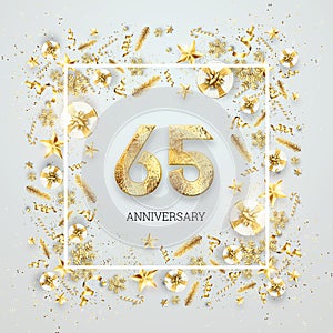 Creative background, 65th anniversary. Celebration of golden text and confetti on a light background with numbers, frame.