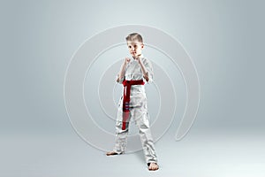 Creative background a child in a white kimono in a fighting stance, on a light background The concept of martial arts