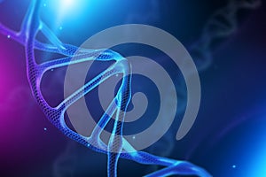 Creative background, dna structure, DNA molecule on a blue background, ultraviolet. 3d render, 3d illustration. The concept of