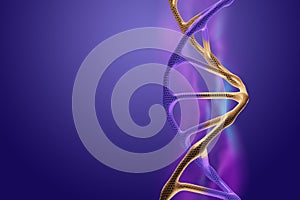 Creative background, dna structure, golden DNA molecule on violet background, ultraviolet. 3d render, 3d illustration. The concept