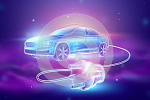 Creative background, Electric car with charging wire, hologram. The concept of electromobility e-motion, charging for the car,