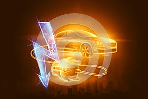 Creative background, Electric car with charging wire, hologram, electricity sign. The concept of electromobility e-motion,
