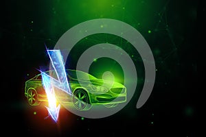 Creative background, Electric car hologram, electricity sign. The concept of electromobility e-motion, charging for the car,