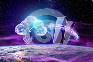 Creative background, image of a hologram of a cloud on the background of the globe. The concept of cloud technology