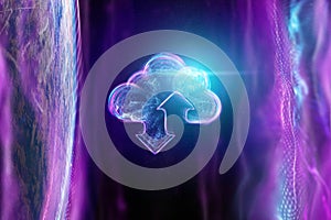 Creative background, image of a hologram of a cloud on the background of the globe. The concept of cloud technology