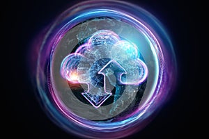 Creative background, image of a hologram of a cloud on the background of the globe. The concept of cloud technology