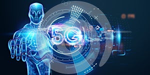 Creative background, a man`s hand holds a phone with a 5G hologram on the background of the city. 5G network concept, high speed