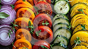 Creative background of mixed sliced vegetables. Tomatoes, cucumbers, pepper, onion: colorful vegetarian dish generously