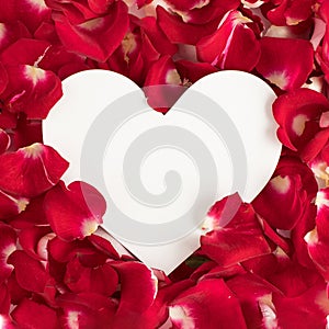 Creative background with rose petals and heart or love shape copy space. Minimal love concept. Mother`s day or Valentines idea