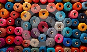 Creative background from spools of multi-colored threads.