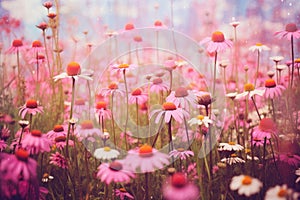 Creative background of summer chamomile flowers. Flat lay. Nature concept.