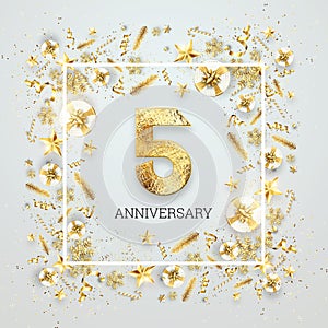 Creative background, 5th anniversary. Celebration of golden text and confetti on a light background with numbers, frame. photo