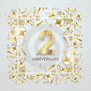 Creative background, 2th anniversary. Celebration of golden text and confetti on a light background with numbers, frame.