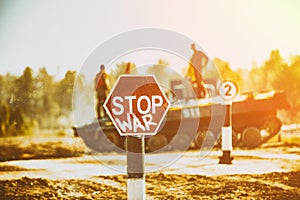 Creative Badge - Stop Wars. Concept - no war, stop military operations, world peace. Stop war sign on the background of