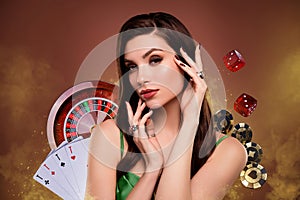 Creative banner collage charming young lady promo casino card roulette games poker blackjack jackpot golden dice winner