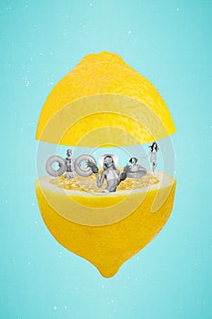 Creative banner collage of positive friends swim juice enjoy recreation lemon resort isolated teal color background