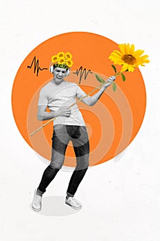 Creative banner poster collage of crazy band player guy dream playing sunflower guitar listen headset