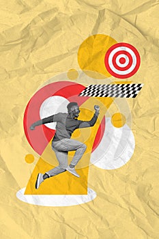 Creative banner poster collage of determined young guy athlete run sprint marathon fast achieve finish line target