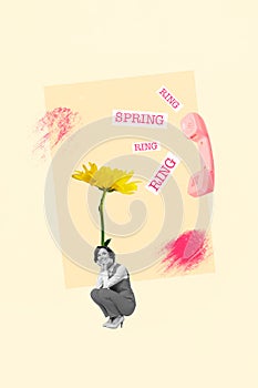 Creative banner poster collage of little lady with yellow daisy flower head sitting answer phone call spring day