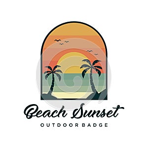 Creative beach sunset outdoor badge logo design vector. Retro style ocean illustration