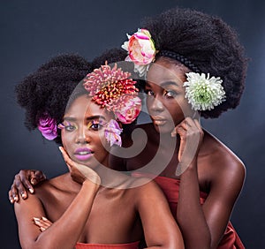 Creative, beauty and flowers in makeup with daisy in art on dark background, studio and mockup. Floral, cosmetics and